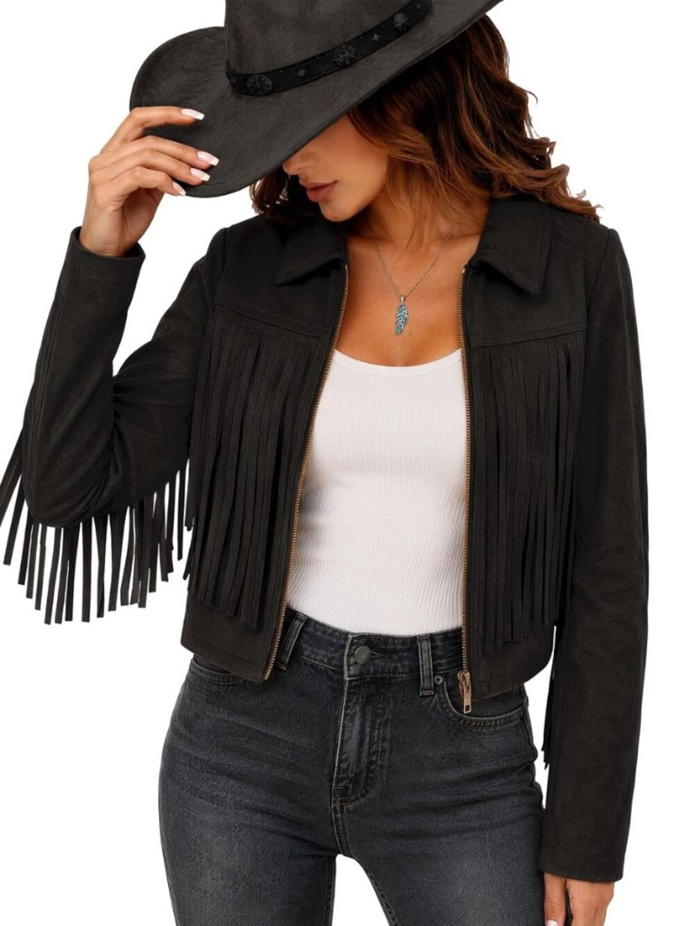 Women's Faux Suede Fringe Jacket Fall Cropped Coats Cowgirl Outfits